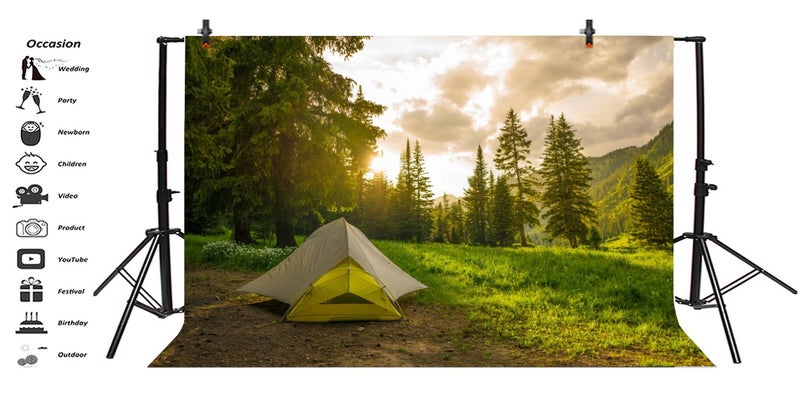 LFEEY 5x3ft Pine Forest Camping Backdrop for Photoshoot Sunrise Outdoor Travel Mountains Landscape Grassland Camp Tents Background for Photography Kids Birthday Holiday Vacation Photo Shoot Props - Image 3
